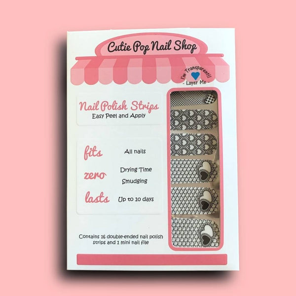 Black Lace and Hearts Design Nail Polish Wraps - Cutie Pop Nail Shop