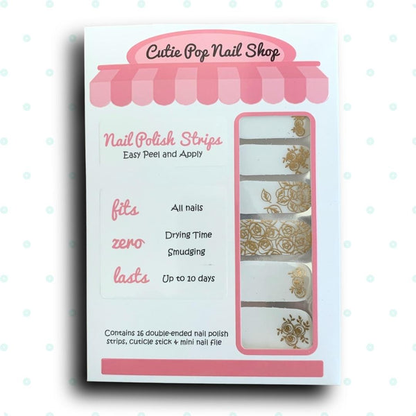 Metallic Gold Roses and Leaves over Transparent Base Nail Polish Wraps - Cutie Pop Nail Shop