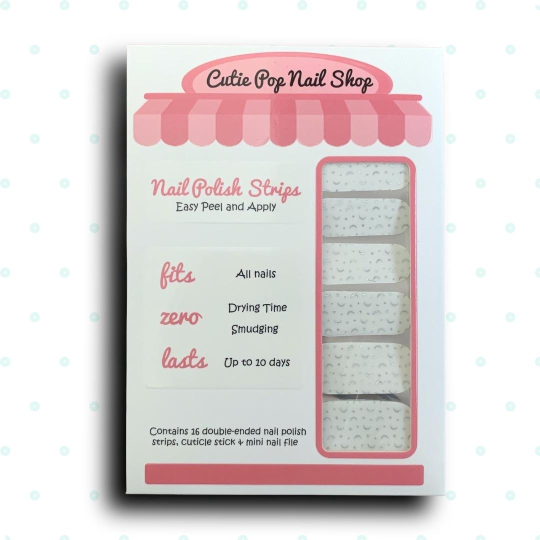 Glittery Silver Crescent Moons over Transparent Base Nail Polish Wraps - Cutie Pop Nail Shop