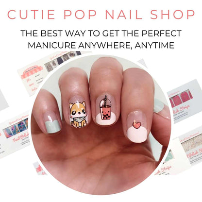 bubble teal nail art nail wrap with japanese dog sticker